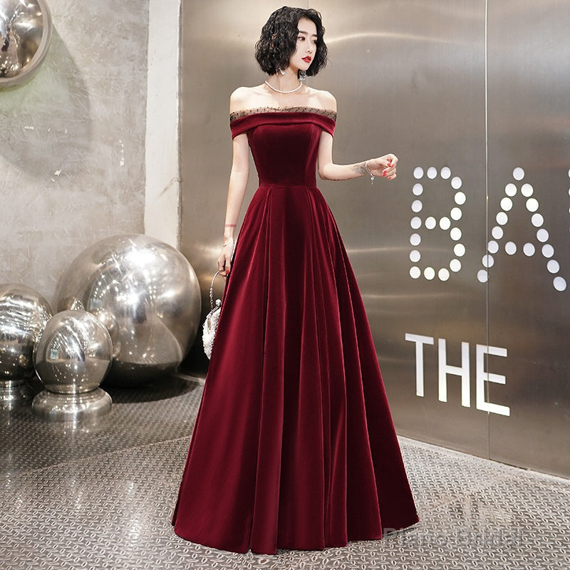 Burgundy velvet long prom dress evening dress Main image