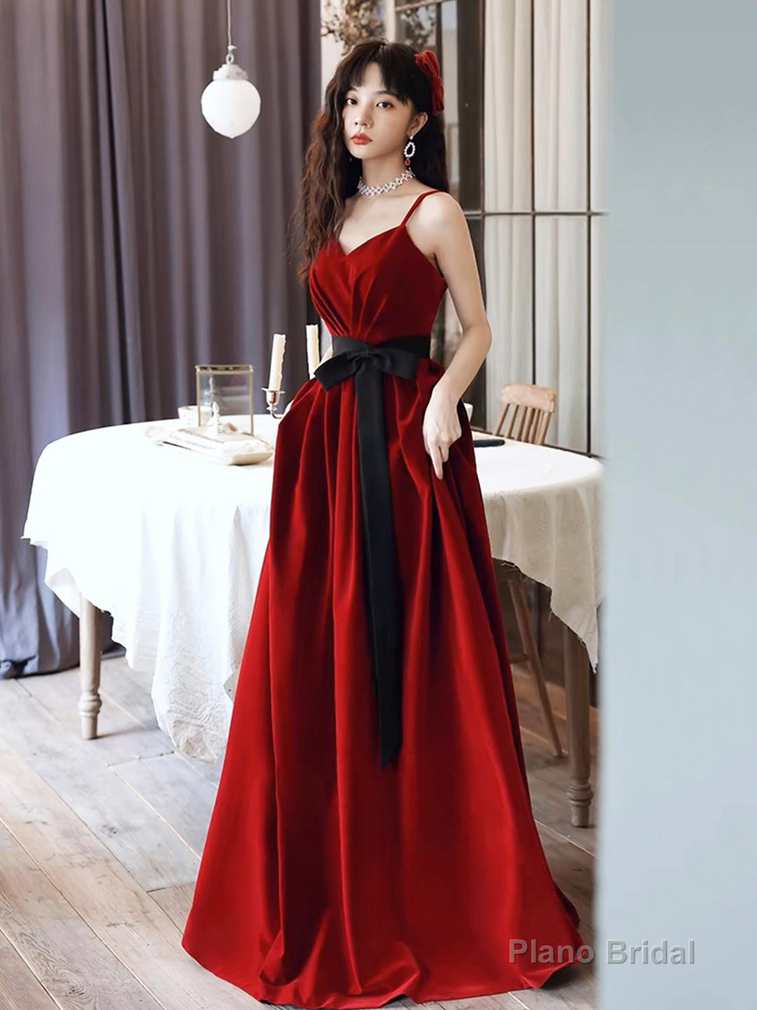 Burgundy Spaghetti Strap Velvet Long A-Line Prom Dress Main image