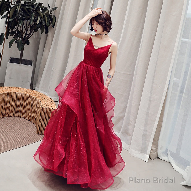 Burgundy v neck tulle long prom dress, formal dress Secondary image