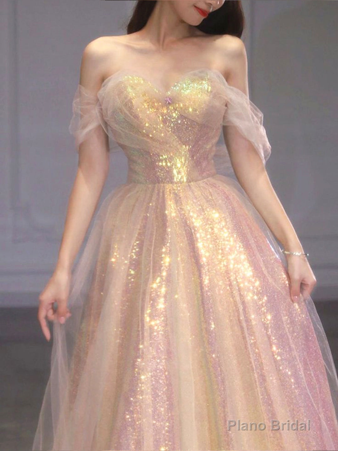 Shiny Tulle Sequins Long Prom Dress, Off the Shoulder Evening Party Dress Secondary image