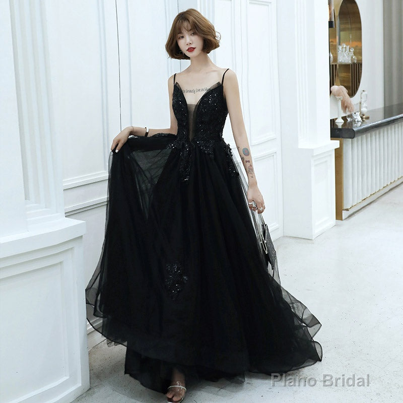 Black v neck tulle beads long prom dress evening dress Main image