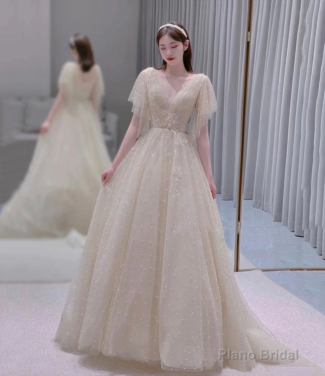 Champagne tulle beads long prom dress A line evening dress Main image