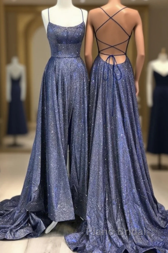 Shiny Navy Blue Sequin A Line Long Formal Prom Dresses With Slit Main image