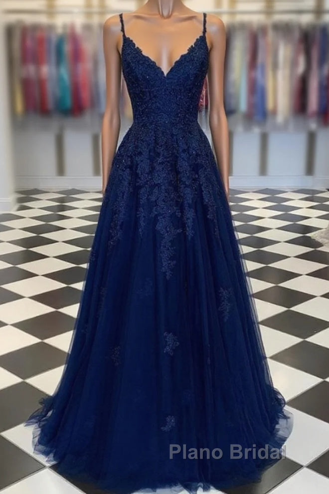 A Line Navy Blue V Neck Lace Formal Prom Dresses