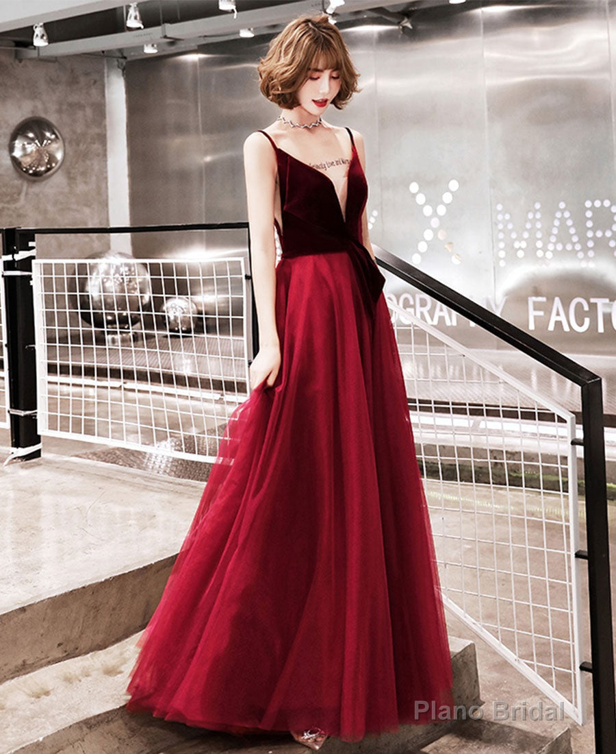 Burgundy velvet tulle prom dress evening dress Main image
