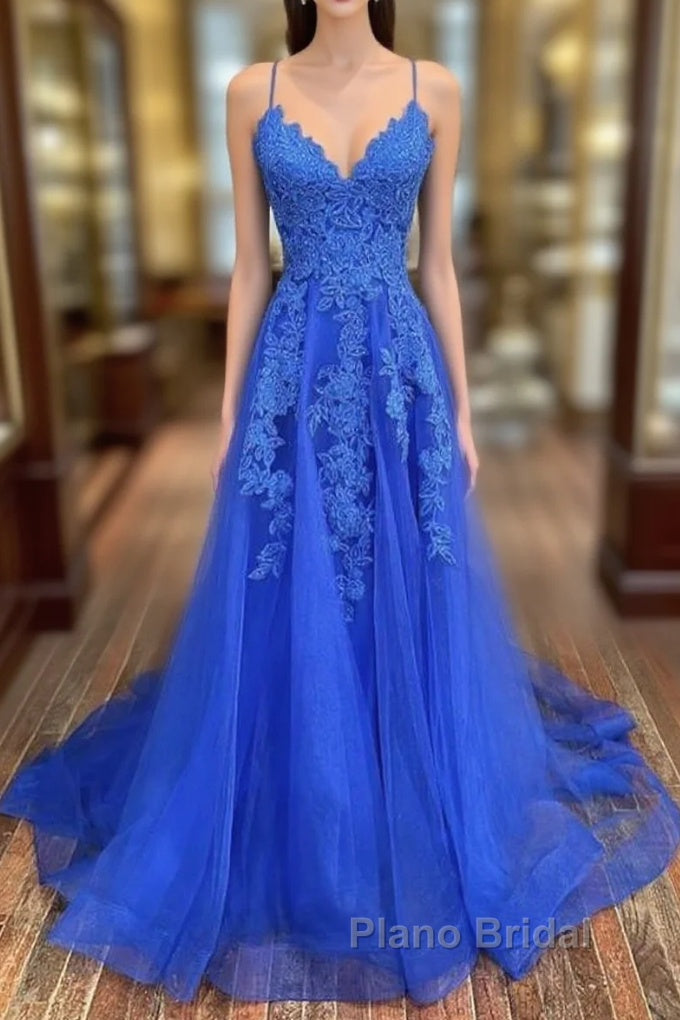 A-line Spaghetti Straps Sweep Train Tulle Formal Prom Dresses With Lace Appliqued Main image