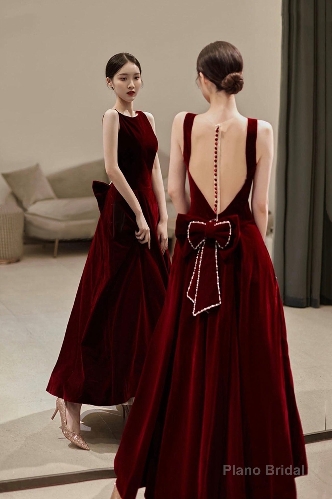 Burgundy velvet long A line prom dress with bow Secondary image