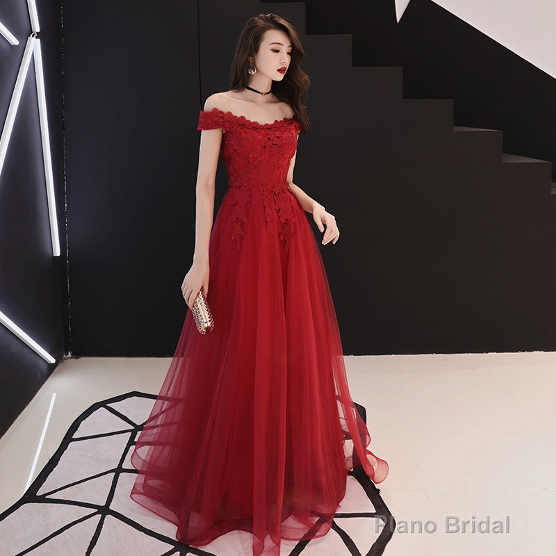Burgundy lace tulle long prom dress, evening dress Secondary image