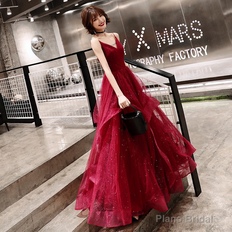 Stylish v neck tulle long prom dress, evening dress