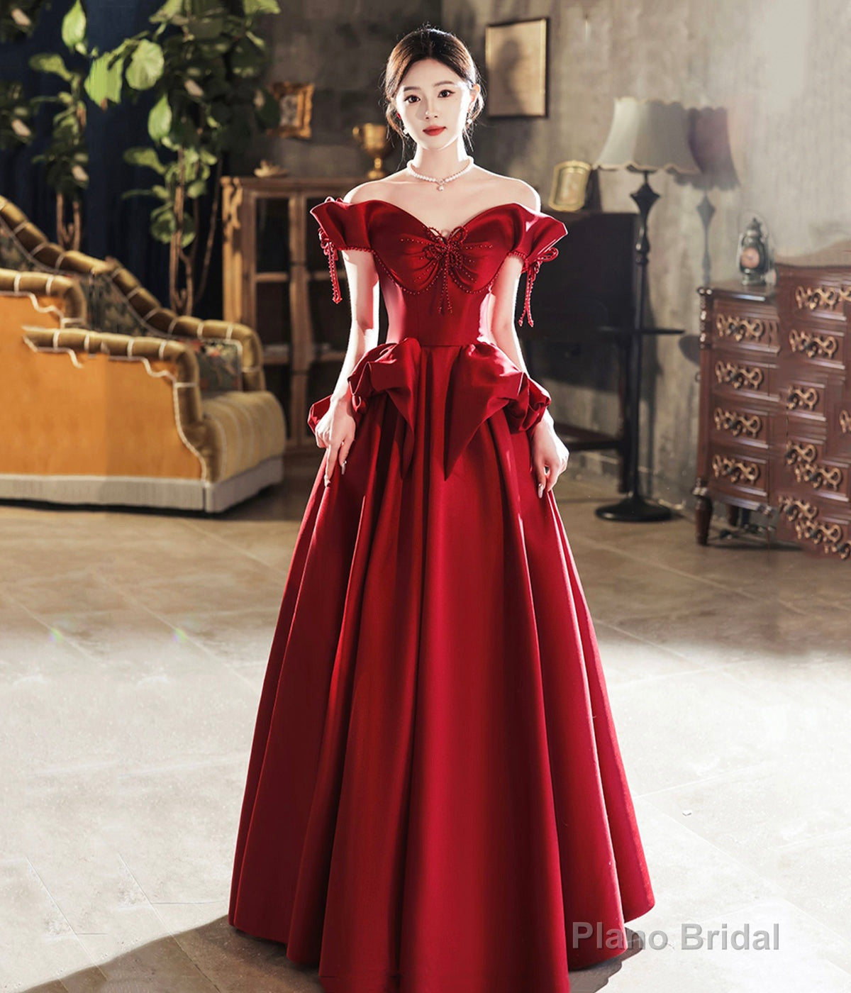 Burgundy Satin Long Prom Dress, Cute A-Line Off Shoulder Evening Dress Secondary image