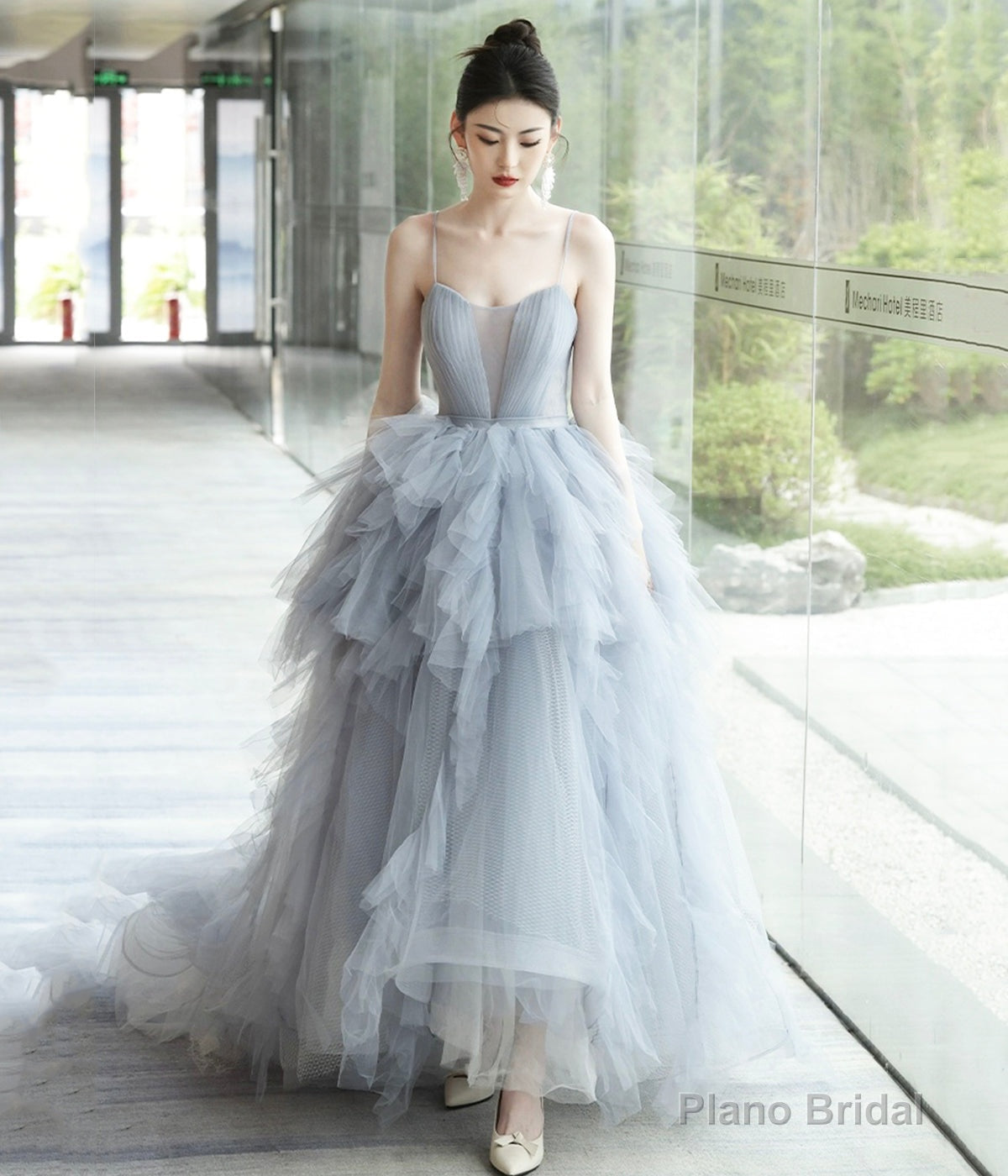 Gray Tulle Spaghetti Strap Long Prom Dress, Gray V-Neck Evening Dress Main image