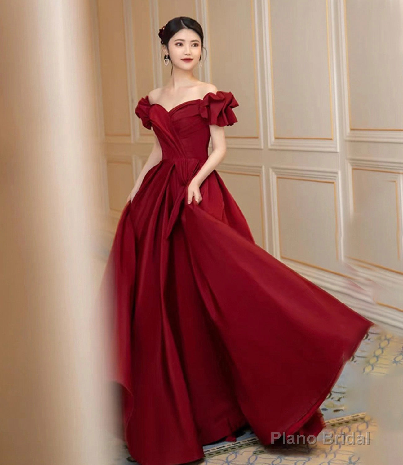 Burgundy satin long prom dress A line evening dress