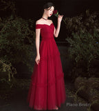 Burgundy tulle off shoulder prom dress evening dress