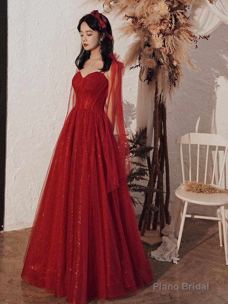 Burgundy tulle sequins long prom dress Main image