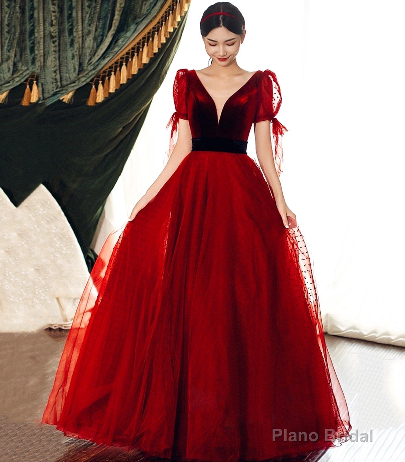Burgundy Velvet Tulle Long Prom Dress, A-Line Evening Party Dress Main image
