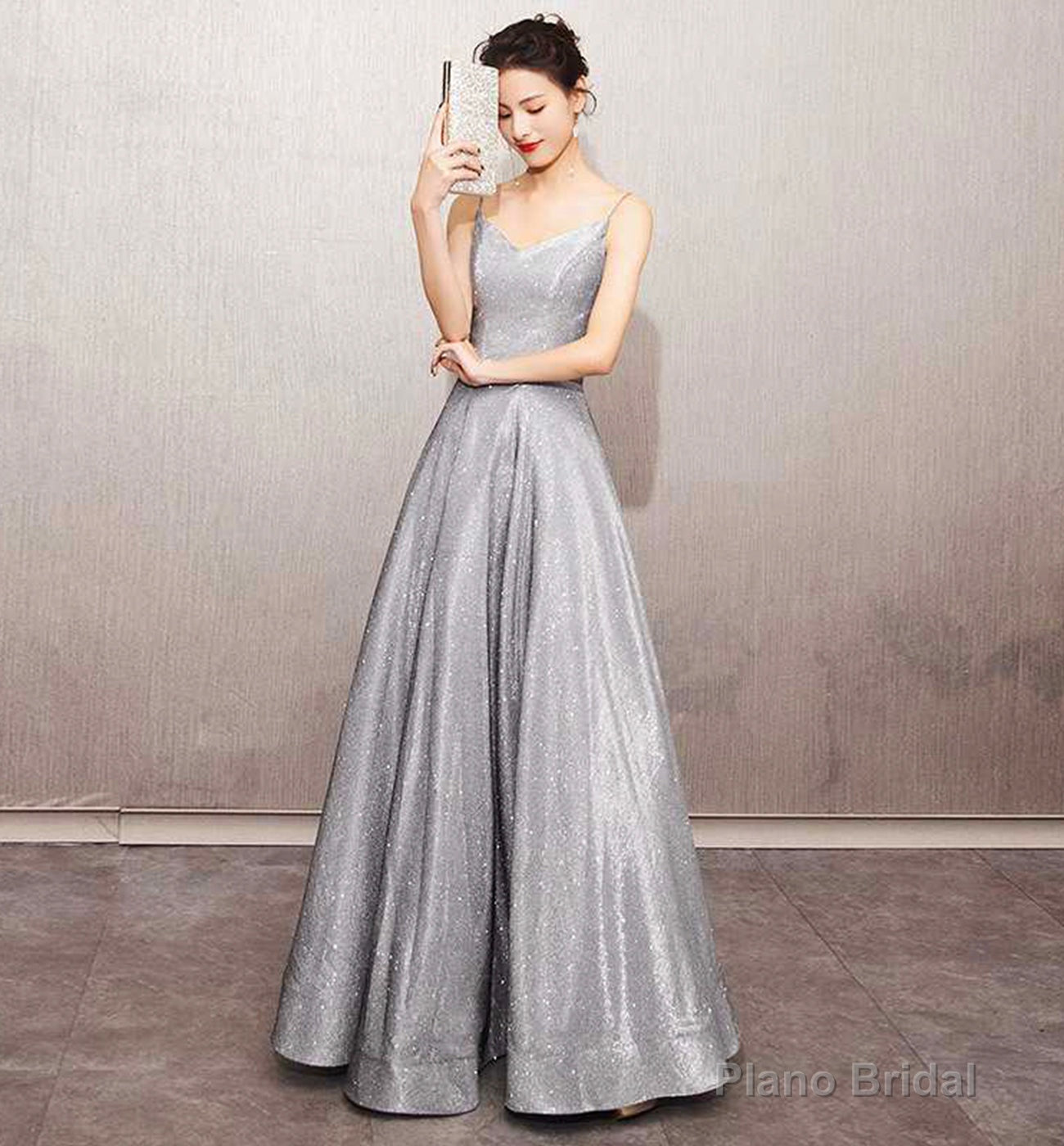 Shiny satin long A line prom dress simple evening dress