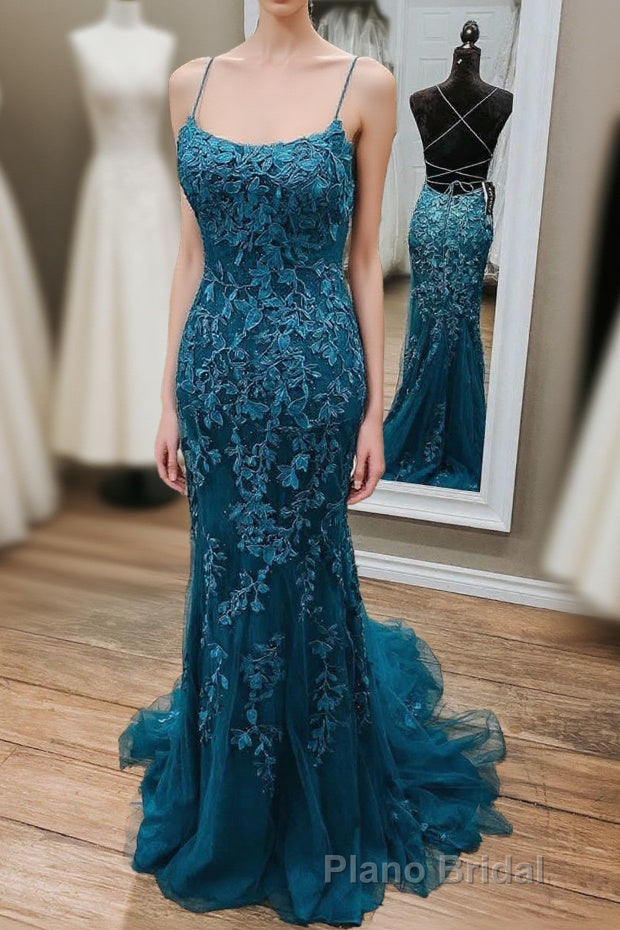 Stunning Blue Lace Appliqus Long Formal Prom Dresses