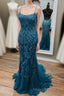 Stunning Blue Lace Appliqus Long Formal Prom Dresses