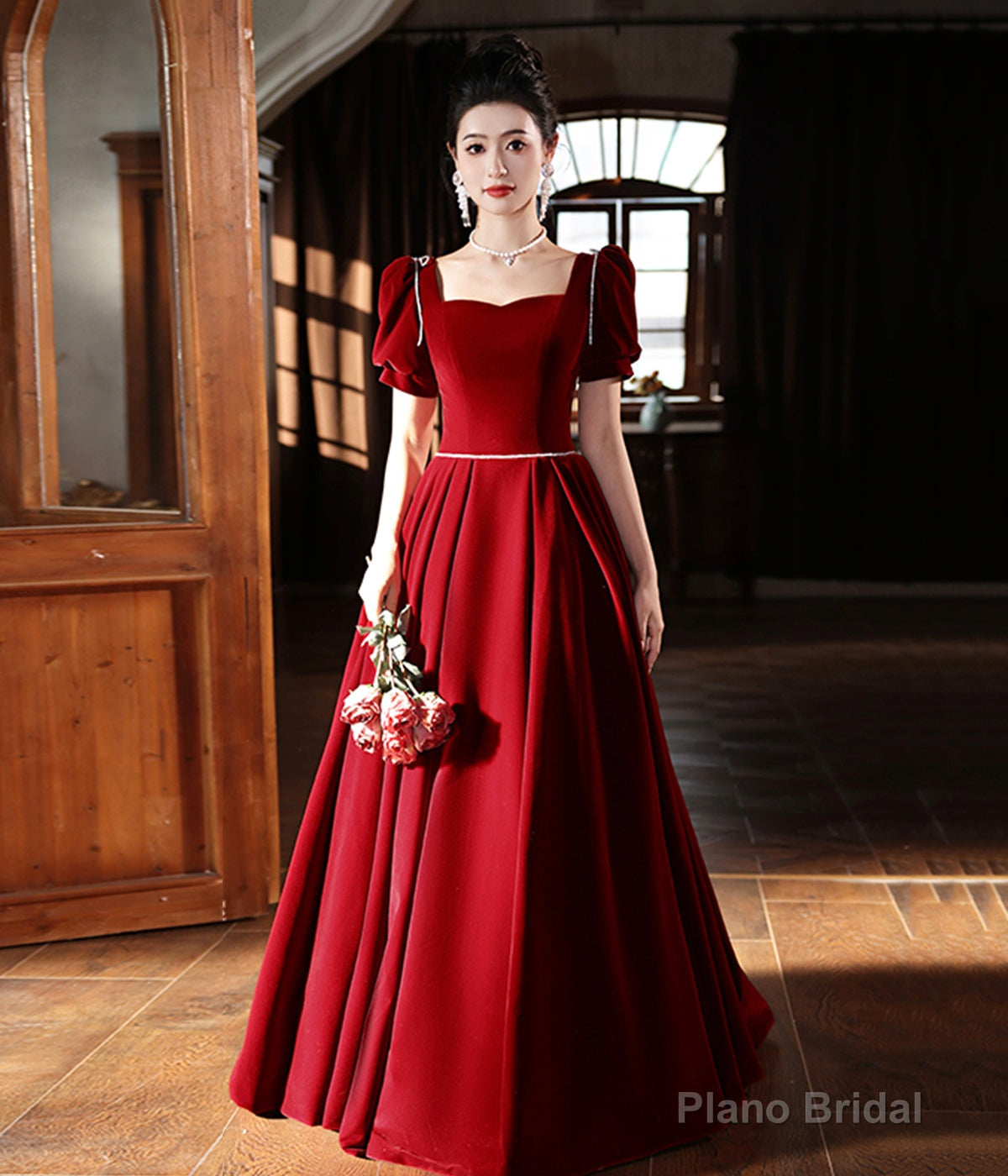 Burgundy Velvet Floor Length Prom Dress, A-Line Short Sleeve Evening Dress Main image