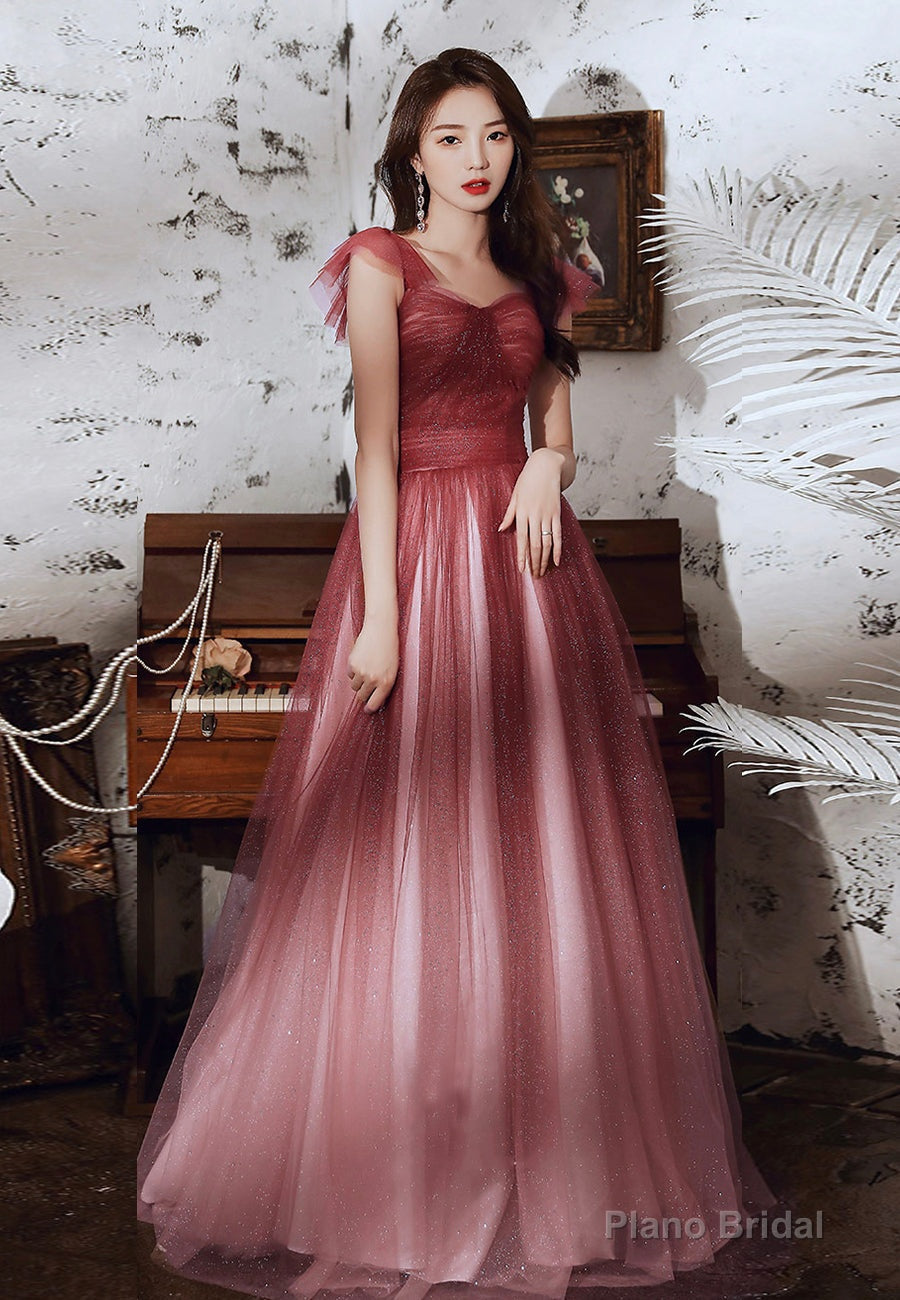 Burgundy tulle sequins long prom dress Main image