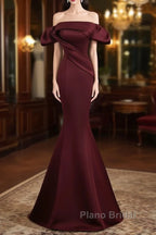 Burgundy Satin Long Formal Prom Dresses, Mermaid Off the Shoulder Evening Party Dresses