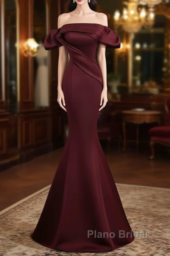 Burgundy Satin Long Formal Prom Dresses, Mermaid Off the Shoulder Evening Party Dresses