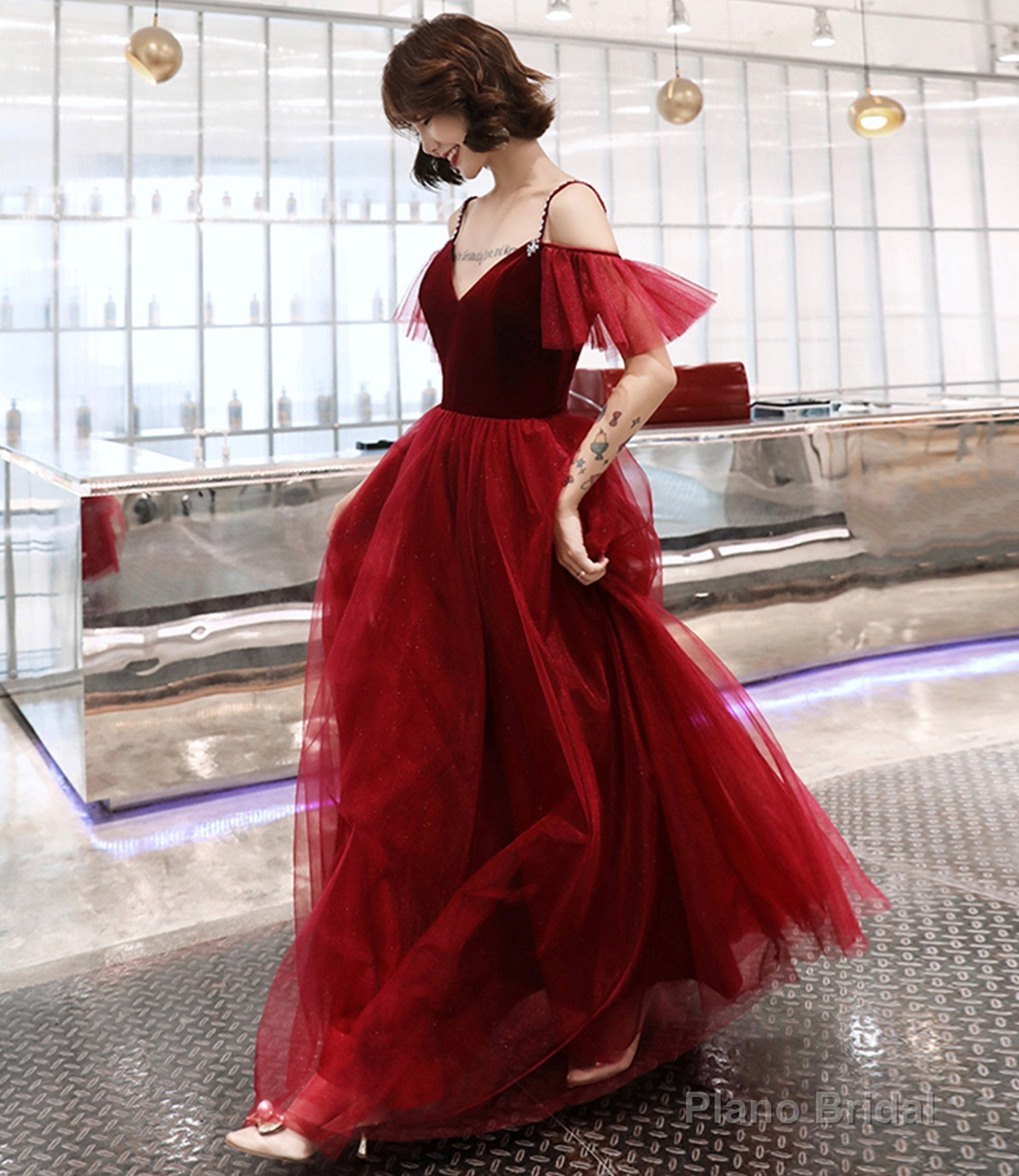 Burgundy velvet tulle long prom dress A line evening dress Main image