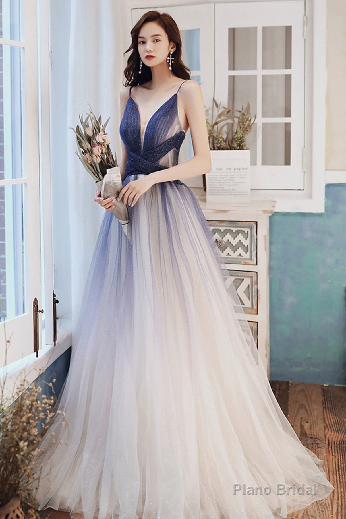 Stylish v neck tulle long A line prom dress blue evening dress Secondary image