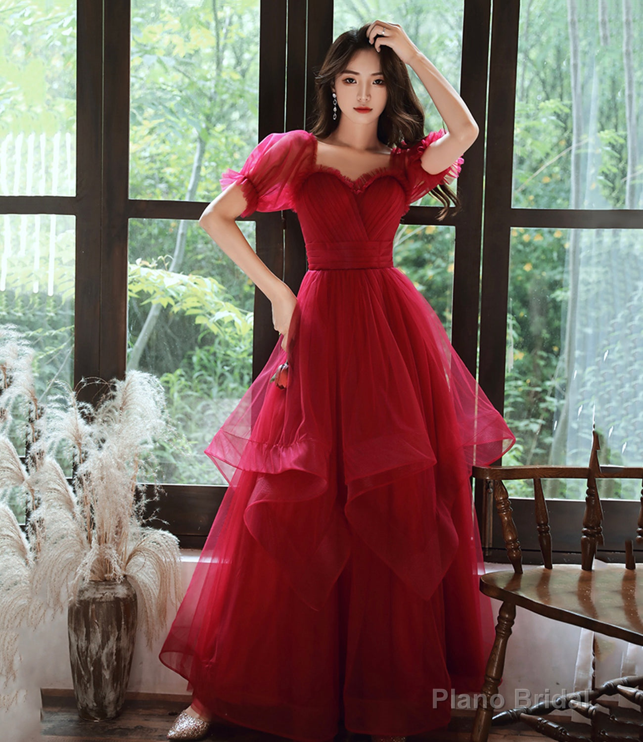 Burgundy tulle long prom dress evening gown Main image