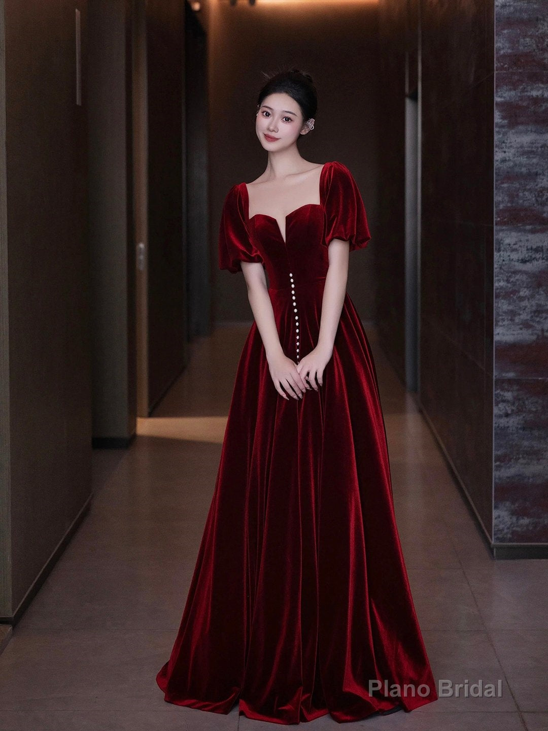 Burgundy Velvet Long A-Line Prom Dress Secondary image