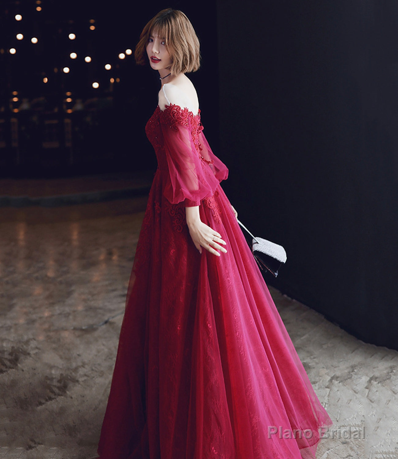 Burgundy lace long prom dress A line evening dress Secondary image