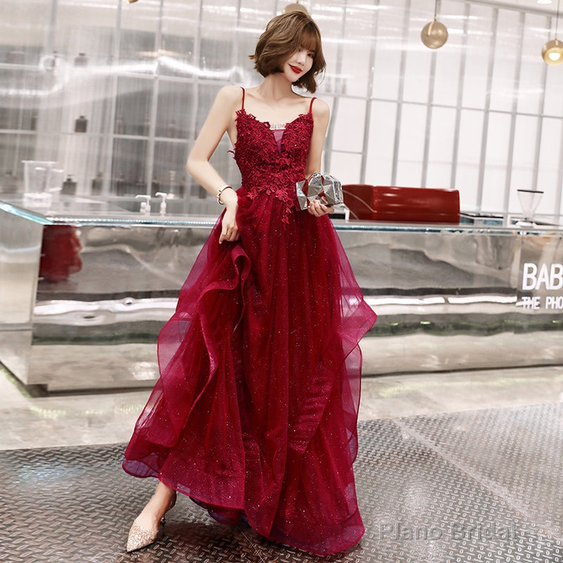 Burgundy lace tulle long A line prom dress Main image