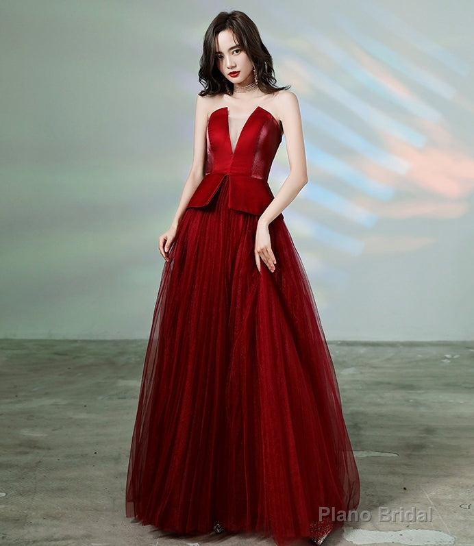 Burgundy tulle long prom dress formal dress Main image