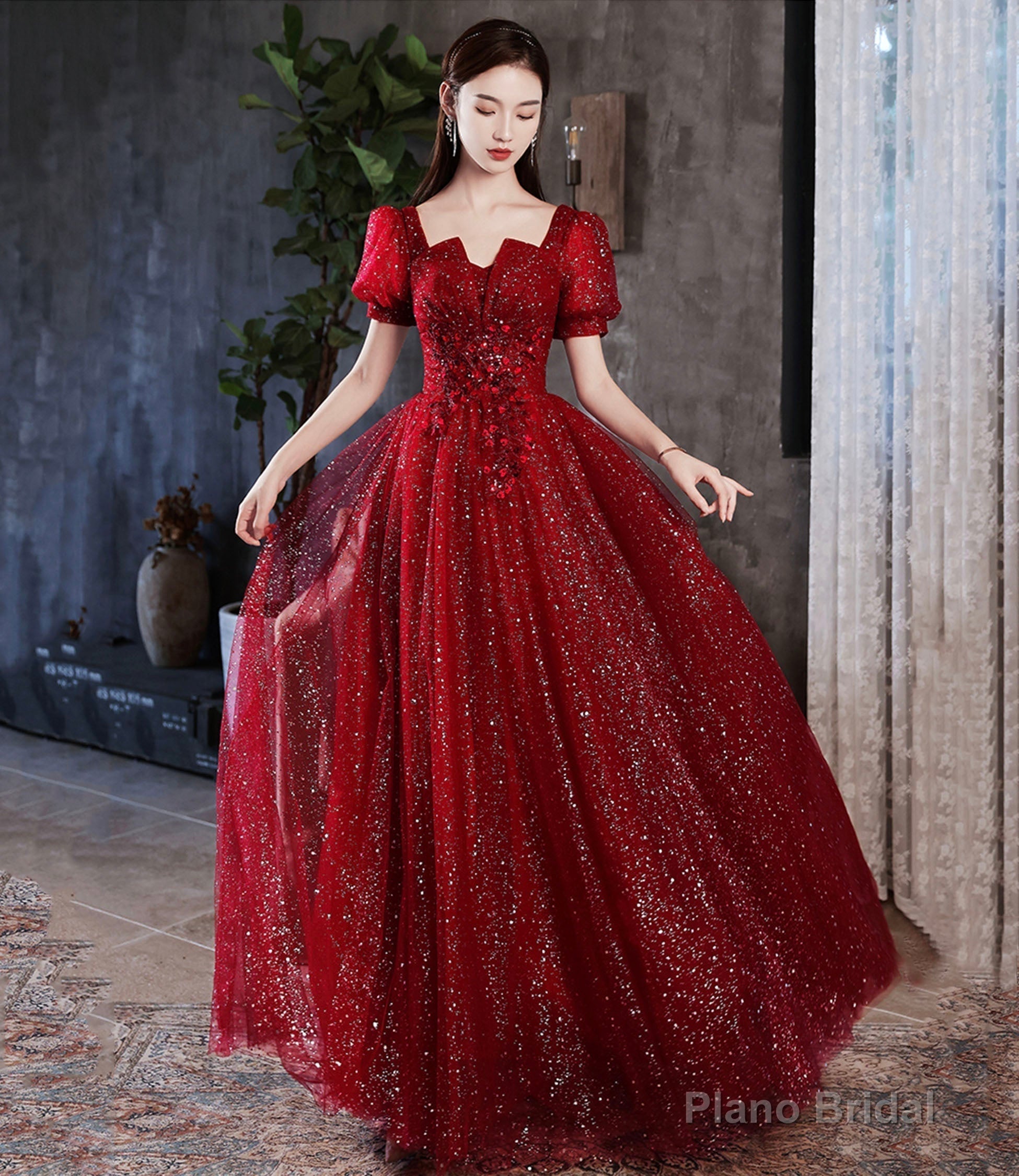 Burgundy sequins long prom dress evening dress Main image