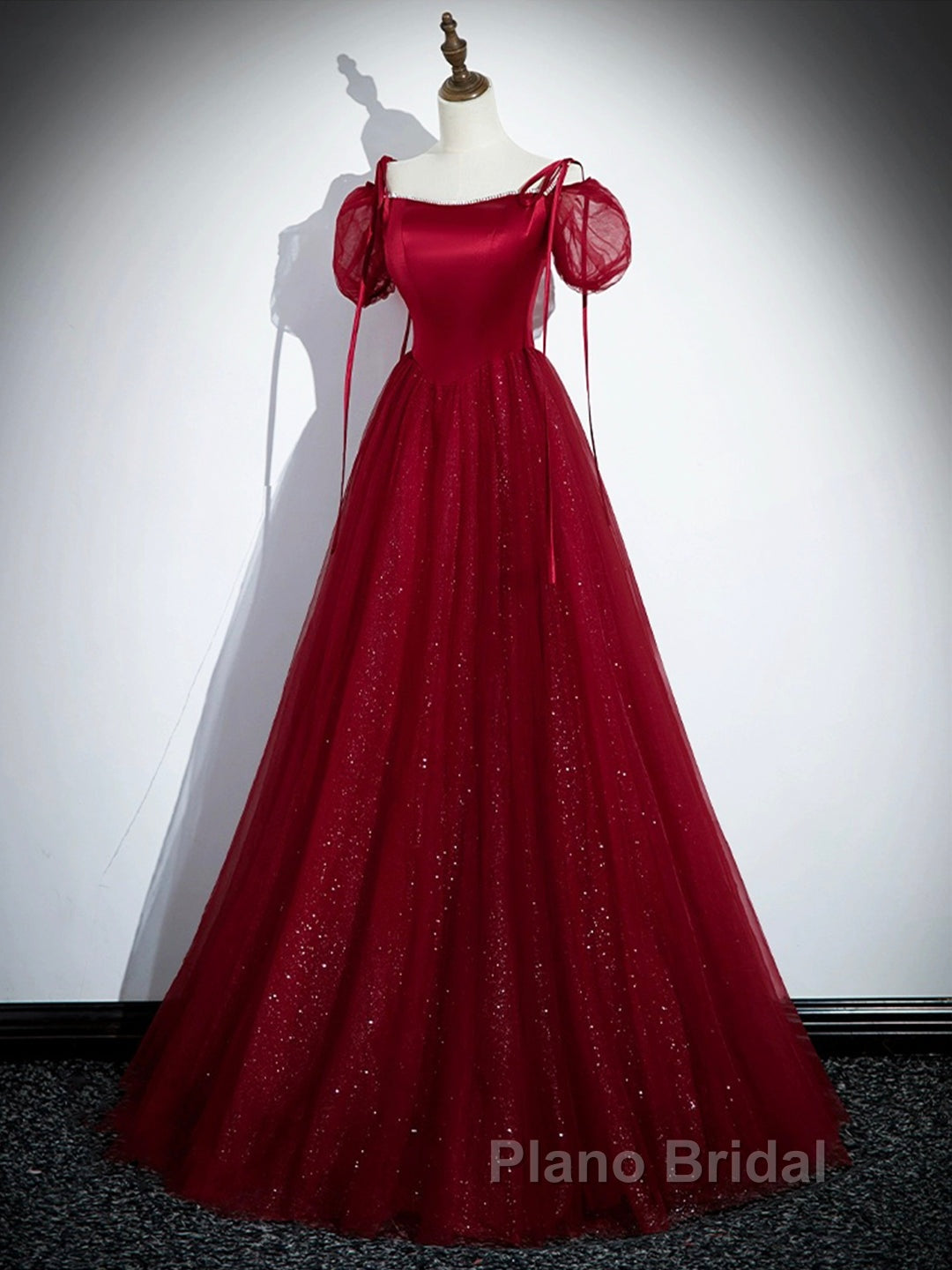 Burgundy Satin Tulle Floor Length Formal Prom Party Dresses Secondary image