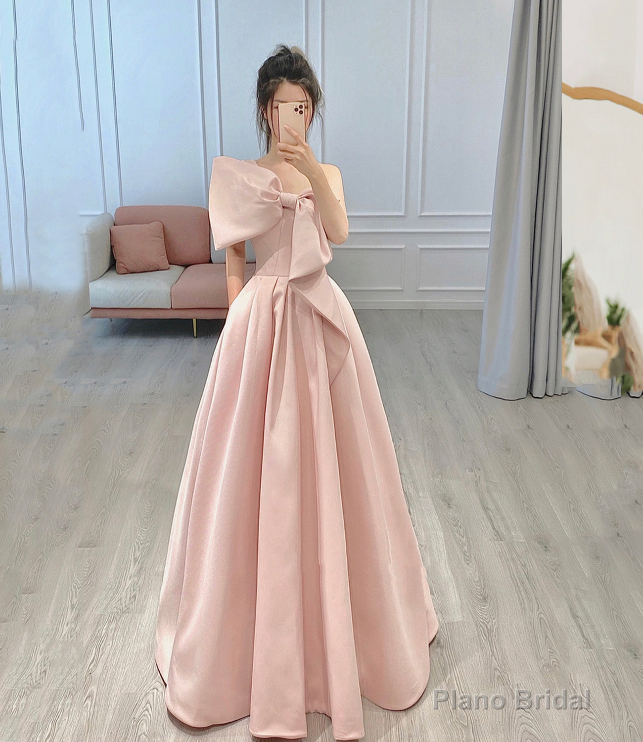 Pink satin long prom dress with bow A line evening dress Main image