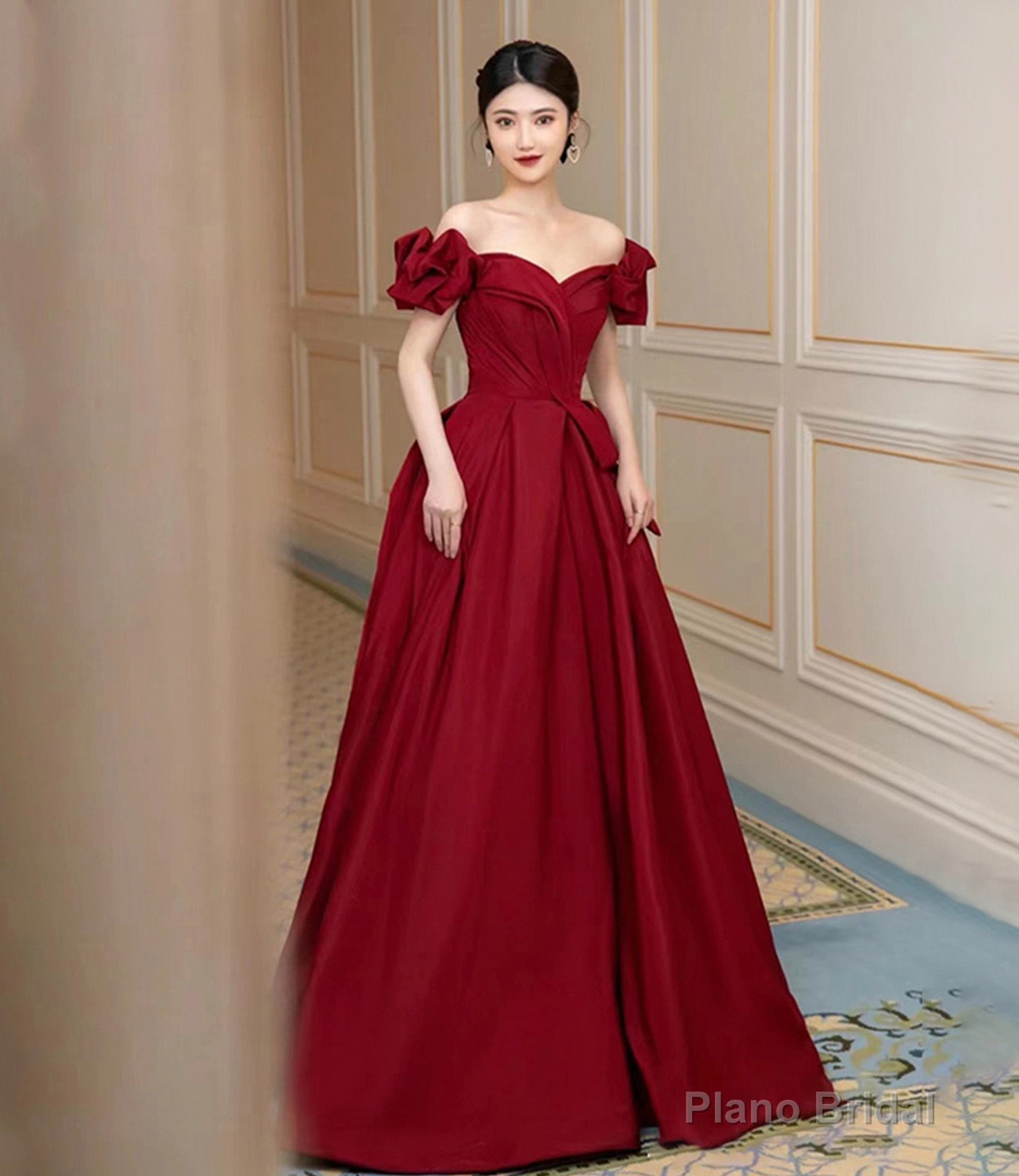 Burgundy satin long prom dress A line evening dress Secondary image