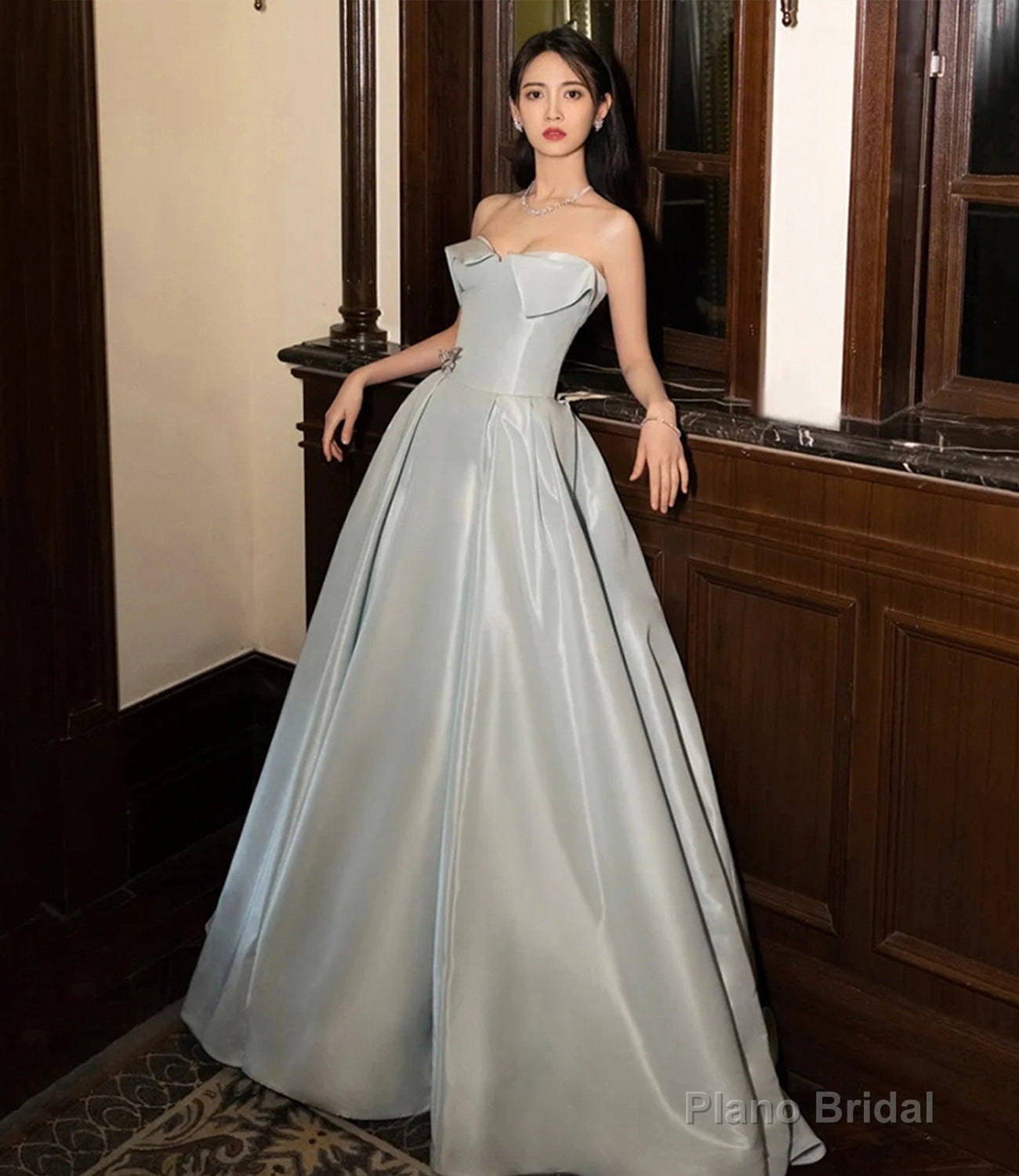 Blue satin long prom dress blue evening dress Main image