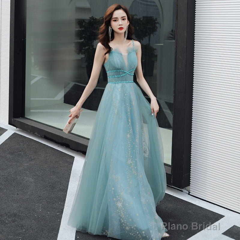 Blue tulle long A line prom dress blue evening dress Main image