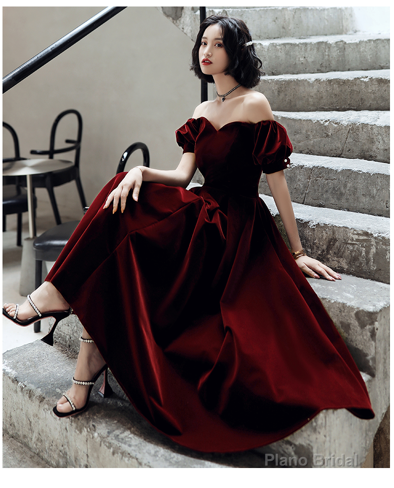 Burgundy velvet short prom dress party dress Secondary image