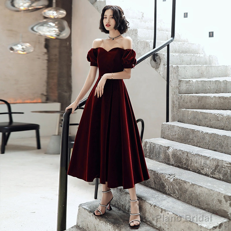Burgundy velvet short prom dress party dress Main image