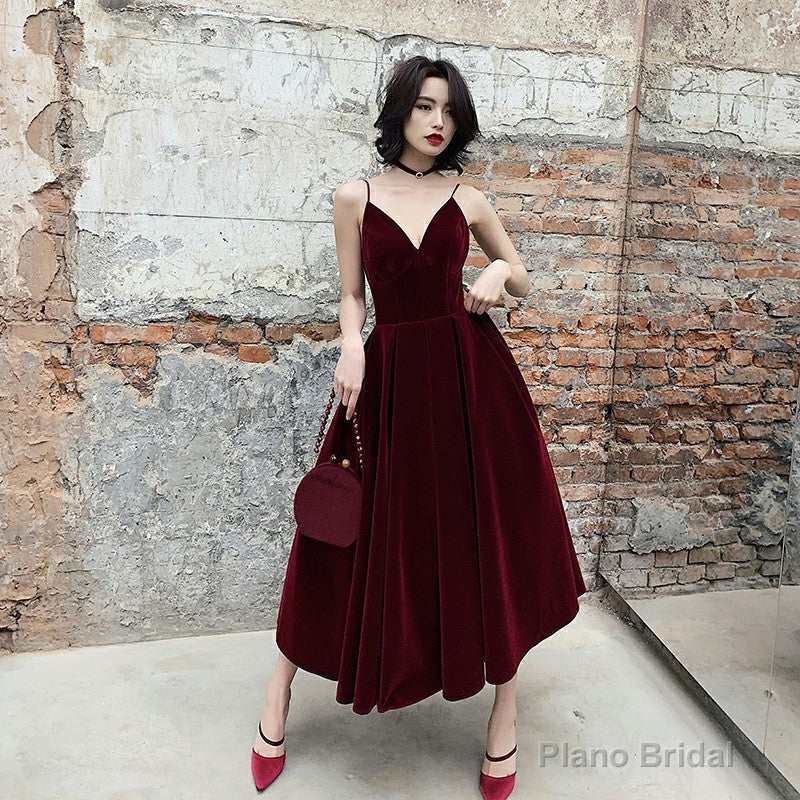 Simple burgundy velvet short prom dress Main image