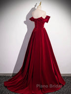 Burgundy Velvet Long Formal Prom Dresses, Off the Shoulder Evening Party Dresses