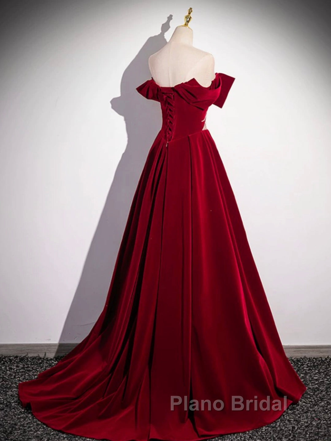 Burgundy Velvet Long Formal Prom Dresses, Off the Shoulder Evening Party Dresses