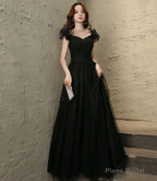 Black tulle beaded long prom dress evening dress