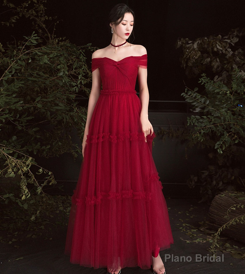 Burgundy tulle off shoulder prom dress evening dress Main image