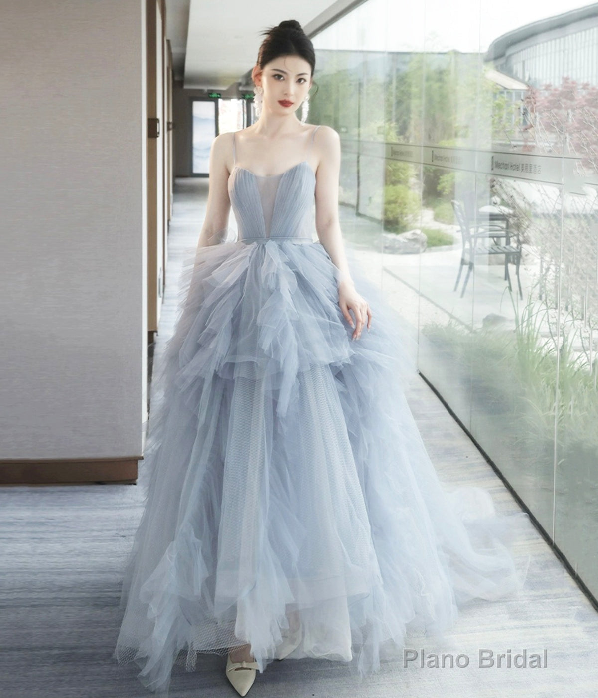 Gray Tulle Spaghetti Strap Long Prom Dress, Gray V-Neck Evening Dress Secondary image