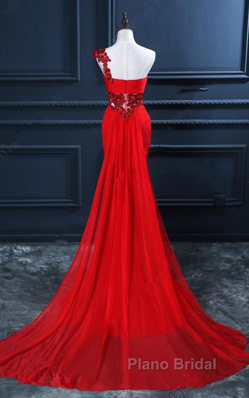 Trumpet Mermaid One Shoulder Chiffon Appliques Lace Beading Red Long Formal Prom Dresses Secondary image