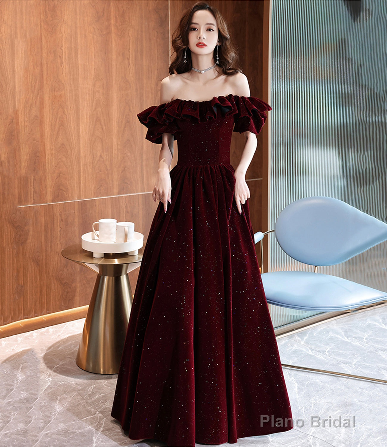 Burgundy vleve long prom dress A line evening dress Main image