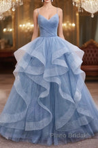 Blue Tulle Long Formal Prom Dresses Blue Evening Gown